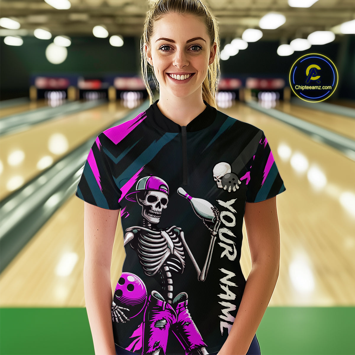 Custom Pink Skull Bowling Team Shirt for Women Polo & 1/4 Zip Bowling League Jersey Bowling Gift QZT794