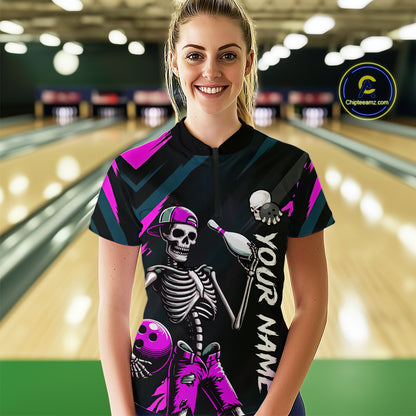 Custom Pink Skull Bowling Team Shirt for Women Polo & 1/4 Zip Bowling League Jersey Bowling Gift QZT794