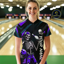 Load image into Gallery viewer, Custom Purple Skull Bowling Team Shirt for Women Polo &amp; 1/4 Zip Bowling League Jersey Bowling Gift QZT794
