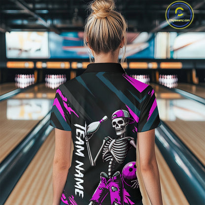 Custom Pink Skull Bowling Team Shirt for Women Polo & 1/4 Zip Bowling League Jersey Bowling Gift QZT794