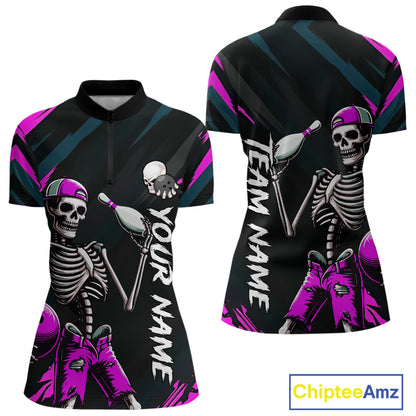 Custom Pink Skull Bowling Team Shirt for Women Polo & 1/4 Zip Bowling League Jersey Bowling Gift QZT794