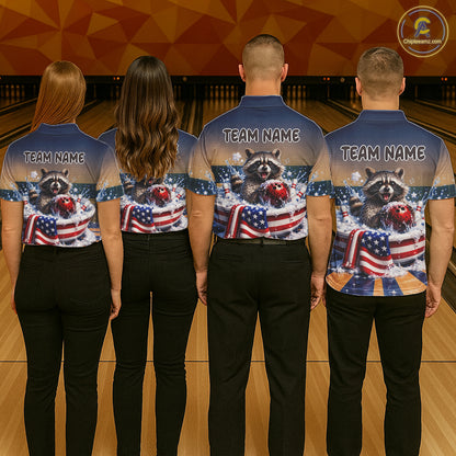 Funny US Flag Raccoon Bowling Shirt for Women Custom Patriotic Bowling Jersey QZT976