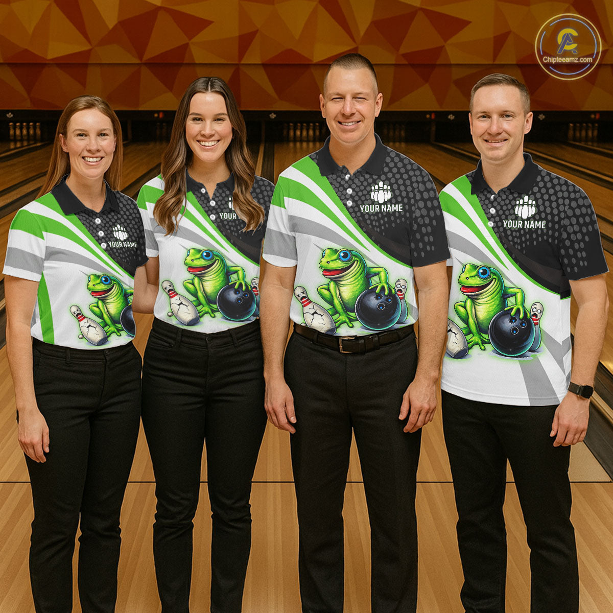 Personalized Funny Green Frog Bowling Shirt Ugly Bowling Jersey Unisex Polo for Women QZT845