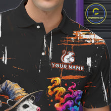 Load image into Gallery viewer, A close-up of a black short-sleeve polo shirt with a colorful custom graphic print featuring a mouse illustration, paint splatters, and a placeholder logo reading 'YOUR NAME'.