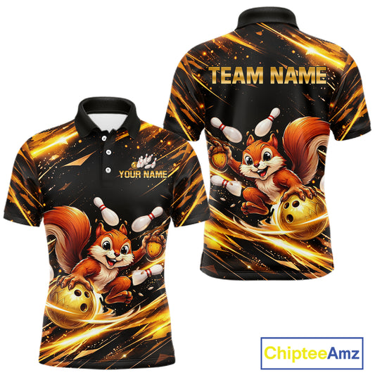 Back & Gold Squirrel Bowling Team Shirt for Men Custom Funny Bowling Jersey Polo & 1/4-Zip Bowling Outfit QZT980