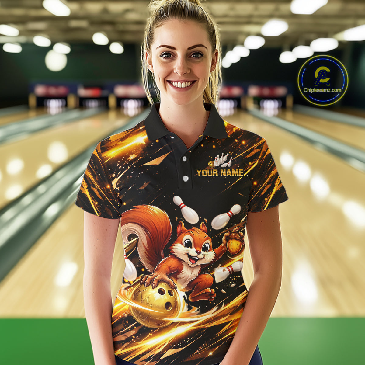 Back & Gold Squirrel Bowling Team Shirt for Women Custom Funny Bowling Jersey Polo & 1/4-Zip QZT980