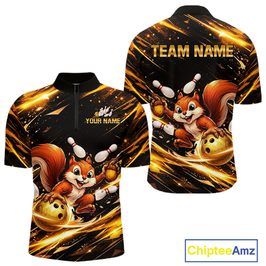 Back & Gold Squirrel Bowling Team Shirt for Men Custom Funny Bowling Jersey Polo & 1/4-Zip Bowling Outfit QZT980