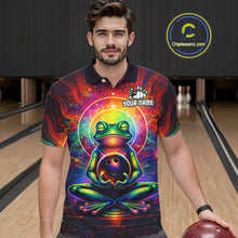 Load image into Gallery viewer, Male model wearing a custom zen frog bowling polo shirt front view featuring a vibrant neon frog, bowling ball, glowing cosmic background and colorful psychedelic pattern at the bowling alley
