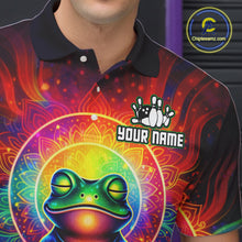 Load image into Gallery viewer, Close-up front view of a custom zen frog bowling polo shirt showing the personalized player name, vibrant neon frog graphic and colorful psychedelic cosmic design