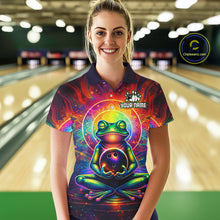 Load image into Gallery viewer, Female model wearing a custom zen frog bowling polo shirt front view featuring a vibrant neon frog, bowling ball, glowing cosmic background and colorful psychedelic pattern at the bowling alley