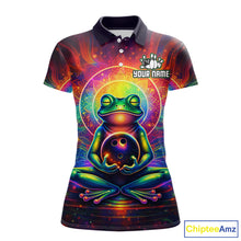 Load image into Gallery viewer, Front view custom frog bowling polo shirt featuring a vibrant neon frog with bowling ball, glowing cosmic background and colorful psychedelic pattern