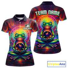 Load image into Gallery viewer, Front and back view custom zen frog bowling polo shirt featuring a vibrant neon frog with bowling ball, glowing cosmic background and colorful psychedelic pattern