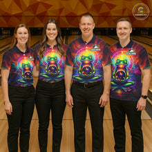 Load image into Gallery viewer, Group of four wearing custom zen frog bowling shirts front view featuring vibrant neon frog artwork with bowling ball, glowing cosmic background and colorful psychedelic pattern at the bowling alley