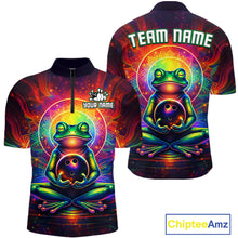 Load image into Gallery viewer, Front and back view custom zen frog bowling quarter-zip shirt featuring a vibrant neon frog with bowling ball, glowing cosmic background and colorful psychedelic design