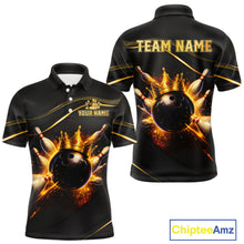 Load image into Gallery viewer, Front and back view custom black gold bowling polo shirt featuring a fiery bowling ball, flame burst effect and gold stripe pattern, displaying Your Name and Team Name