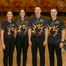 Load image into Gallery viewer, Group of four wearing custom black gold bowling shirts front view featuring a fiery bowling ball and flame burst effect at the bowling alley