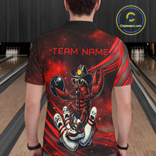 Load image into Gallery viewer, Person wearing a red and black bowling shirt with a crawfish design and 'TEAM NAME' text on a bowling alley.