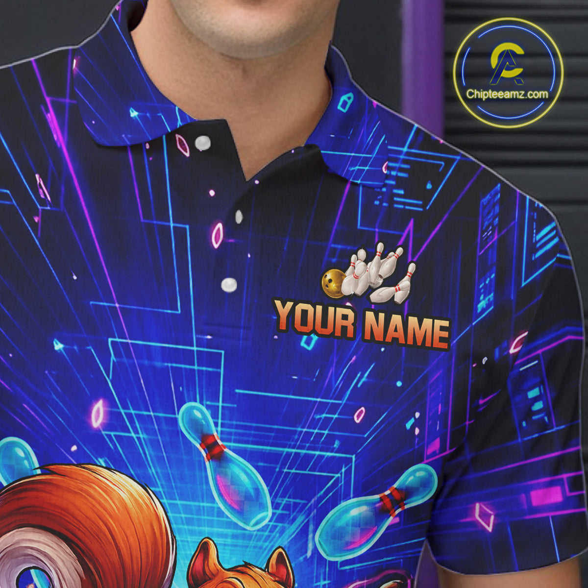 Custom Neon Funny Squirrel Bowling Shirt for Men Bowling Team Jersey Polo & Quarter-Zip Bowling Outfit QZT981