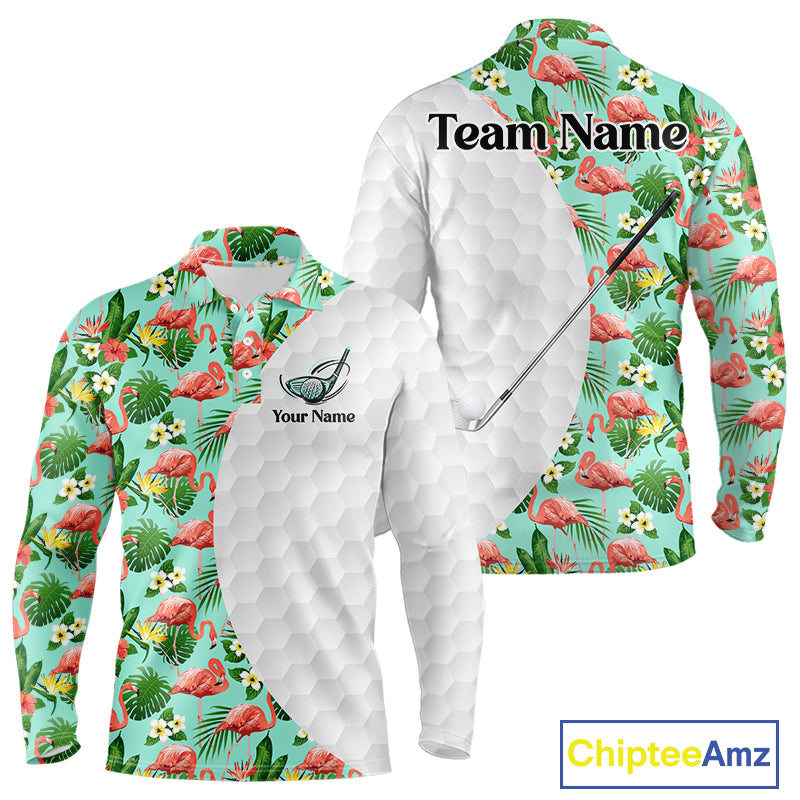 Long Sleeve Golf Polos Shirts For Men Custom Green Tropical Flamingo Pattern Personalized Golf Gifts NHN0023