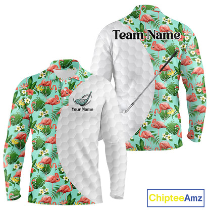 Long Sleeve Golf Polos Shirts For Men Custom Green Tropical Flamingo Pattern Personalized Golf Gifts NHN0023