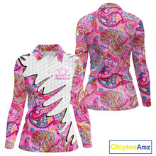 Load image into Gallery viewer, Pink Paisley Pattern Womens Long Sleeve Golf Polo Shirt Custom Tropical Golf Attire For Ladies NHN0149