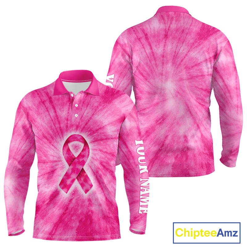 Pink Breast Cancer Golf Shirt Custom Long Sleeve Golf Polo Shirt Tie Dye pattern, Golf Gifts NHN0153