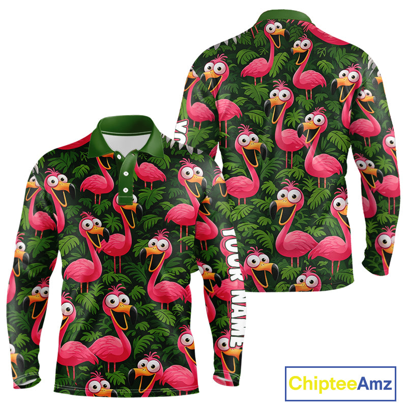 Tropical Flamingo Pattern Long Sleeve Golf Polo Shirts Custom Funny Team Mens Golf Tops, Golf Gifts NHN0162