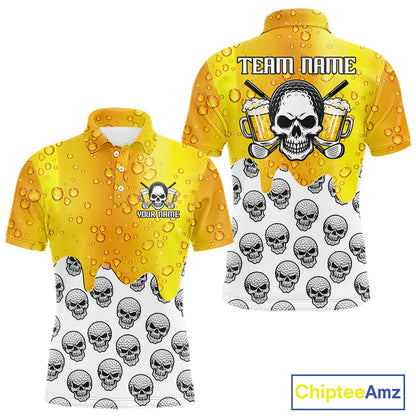 Beer Skull Mens Golf Polo Shirt Custom Name Funny Team Golf Tops For Men, Golfer Gifts NHN0166
