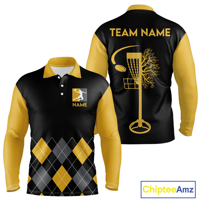 Argyle Pattern Mens Disc Golf Polo Shirt Yellow Disc Golf Basket Quarter Zip With Custom Name & Number NHN0036