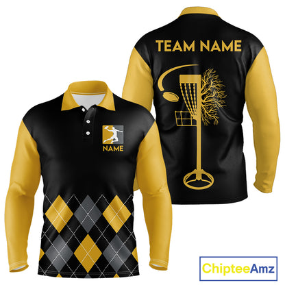 Argyle Pattern Mens Disc Golf Polo Shirt Yellow Disc Golf Basket Quarter Zip With Custom Name & Number NHN0036