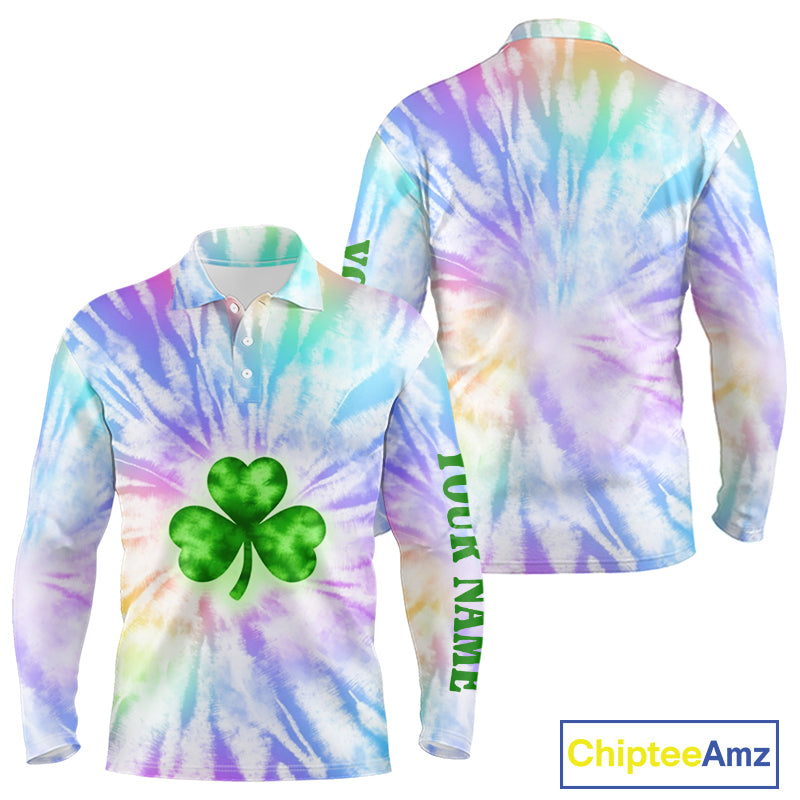 Colorful Pastel Tie Dye Long Sleeve Golf Polo Shirt Custom Green Clover St Patrick Day Golf Tops NHN0169