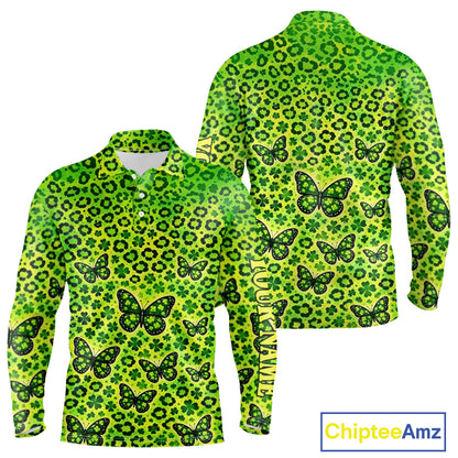 Long Sleeve Golf Polo Shirt Colorful Green Leopard Print Pattern Custom Butterfly Team Mens Golf Tops NHN0171