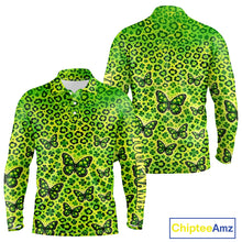 Load image into Gallery viewer, Long Sleeve Golf Polo Shirt Colorful Green Leopard Print Pattern Custom Butterfly Team Mens Golf Tops NHN0171