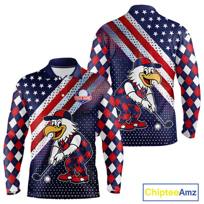 Funny American Flag Eagle Mens Long Sleeve Polo Golf Shirts Patriotic Red & Blue Argyle Pattern Golf Ball Custom NHN0044