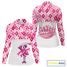 Load image into Gallery viewer, Womens Long Sleeve Golf Polo Shirt Custom Flamingo Ribbon Plaid Pattern, Breast Cancer Awareness Golf NHN0177