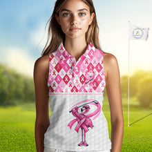 Load image into Gallery viewer, Womens Sleeveless Golf Polo Shirt Custom Flamingo Ribbon Plaid Pattern, Breast Cancer Awareness Golf NHN0177
