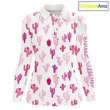 Load image into Gallery viewer, Funny Pink Cactus Pattern Womens Long Sleeve Golf Polo Shirts Custom Cactus Ladies Golf Attire NHN0185