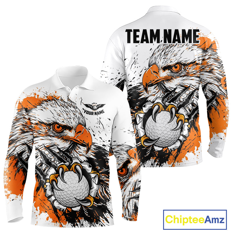 Long Sleeve Golf Polo Shirt Custom Orange And White Grunge Eagle Grasping Golf Ball, Golf Gifts NHN0054