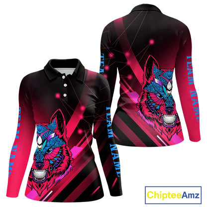 Funny Pink Wolf Womens Long Sleeve Polo Golf Shirts Custom Golf Ball Golf Shirt For Team Jersey NHN0056