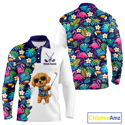 Funny Long Sleeve Golf Polo Shirt Custom Tropical Pattern, Golden Retriever Golf Shirt, Dog Lover Gift NHN0196