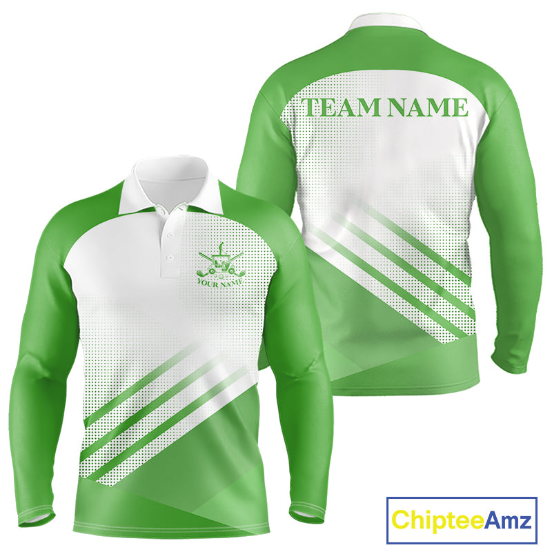 Green And White Long Sleeve Golf Polo Shirt Custom Golf Tops For Men, Personalized Golf Gifts NHN0059