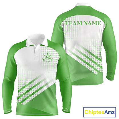 Green And White Long Sleeve Golf Polo Shirt Custom Golf Tops For Men, Personalized Golf Gifts NHN0059