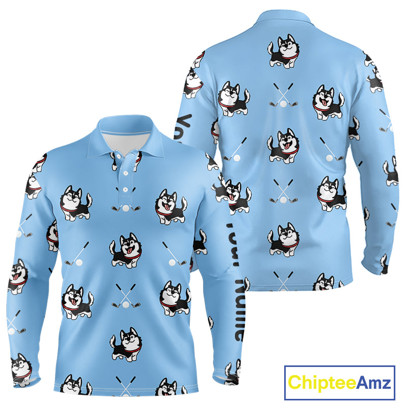 Funny Husky Mens Long Sleeve Golf Polo Shirt Custom Blue Golf Clubs Golf Team Shirt, Dog Lover Gift NHN0065