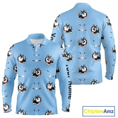 Funny Husky Mens Long Sleeve Golf Polo Shirt Custom Blue Golf Clubs Golf Team Shirt, Dog Lover Gift NHN0065