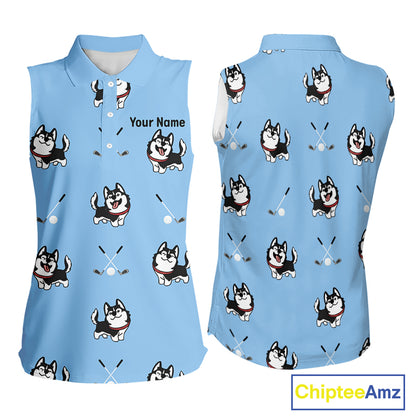 Womens Sleeveless Golf Polo Shirt Custom Funny Husky Blue Pattern Team Ladies Golf Tops, Dog Lover Gift NHN0065