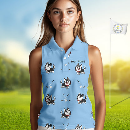 Womens Sleeveless Golf Polo Shirt Custom Funny Husky Blue Pattern Team Ladies Golf Tops, Dog Lover Gift NHN0065
