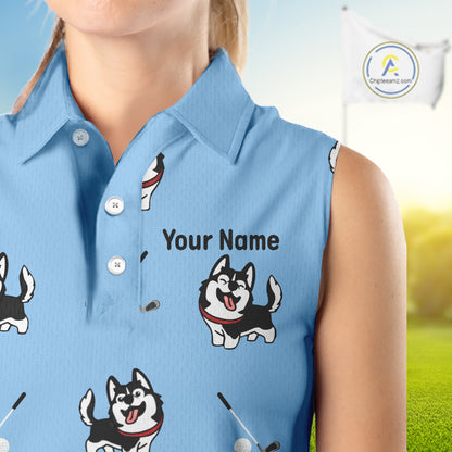 Womens Sleeveless Golf Polo Shirt Custom Funny Husky Blue Pattern Team Ladies Golf Tops, Dog Lover Gift NHN0065