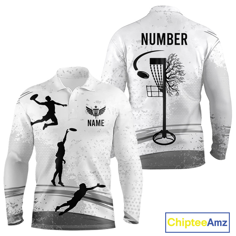 Disc Golf Basket Mens Long Sleeve Golf Polo Shirt Black And White Custom Name Team Disc Golf Shirt NHN0035