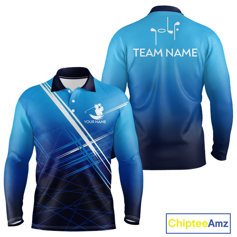 Mens Long Sleeve Golf Polo Shirt Custom Name Blue Golf Ball Pattern Team Golf Apparel NHN0074