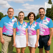 Load image into Gallery viewer, Womens Golf Polo Shirts Custom Blue And Pink Golf Shirt Personalized White Team Golf Shirts NHN0076